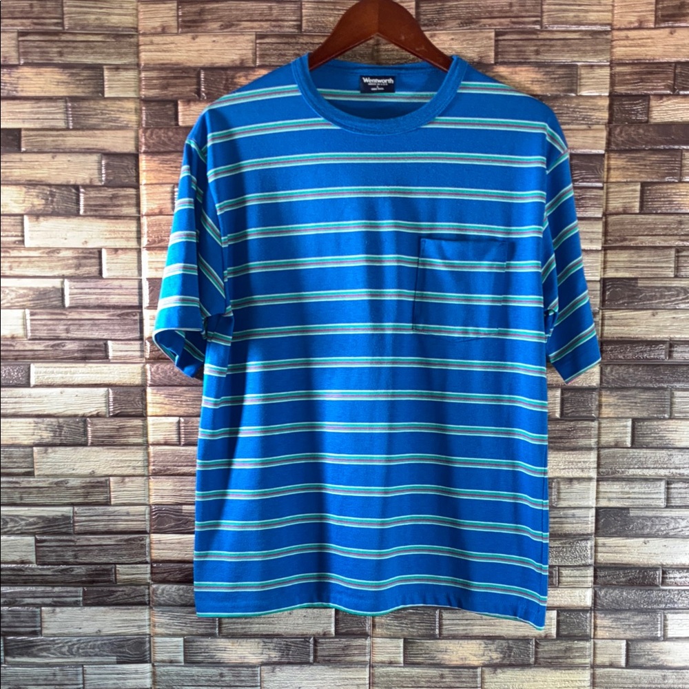 Pre Owned Men’s Wentworth Large  Blue and Green Striped Short Sleeve Tee